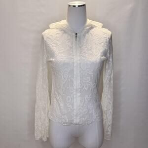 Victoria's Secret Hoodie Womens Medium White Floral Lace Zip Sheer Long Sleeve
